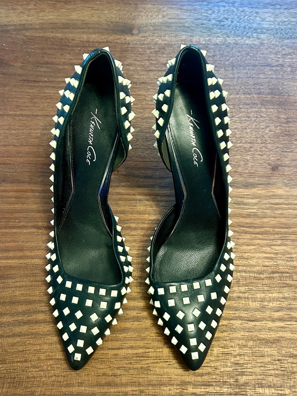 Kenneth Cole York Black Leather Stiletto Heels With White Studs Women's 7.5M